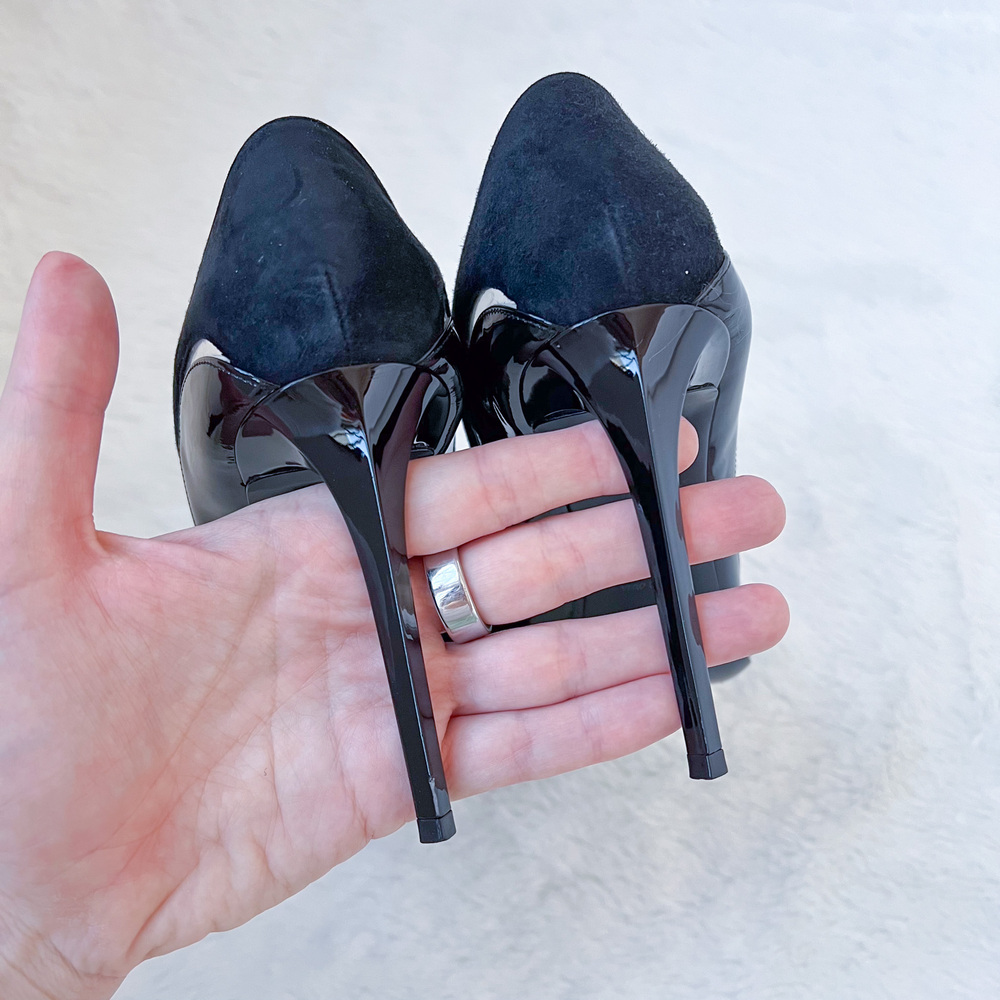 Giorgio Armani Black Patent Leather Suede Pump Heels Size 9.5 EU 39M X1E533 - Picture 7 of 12